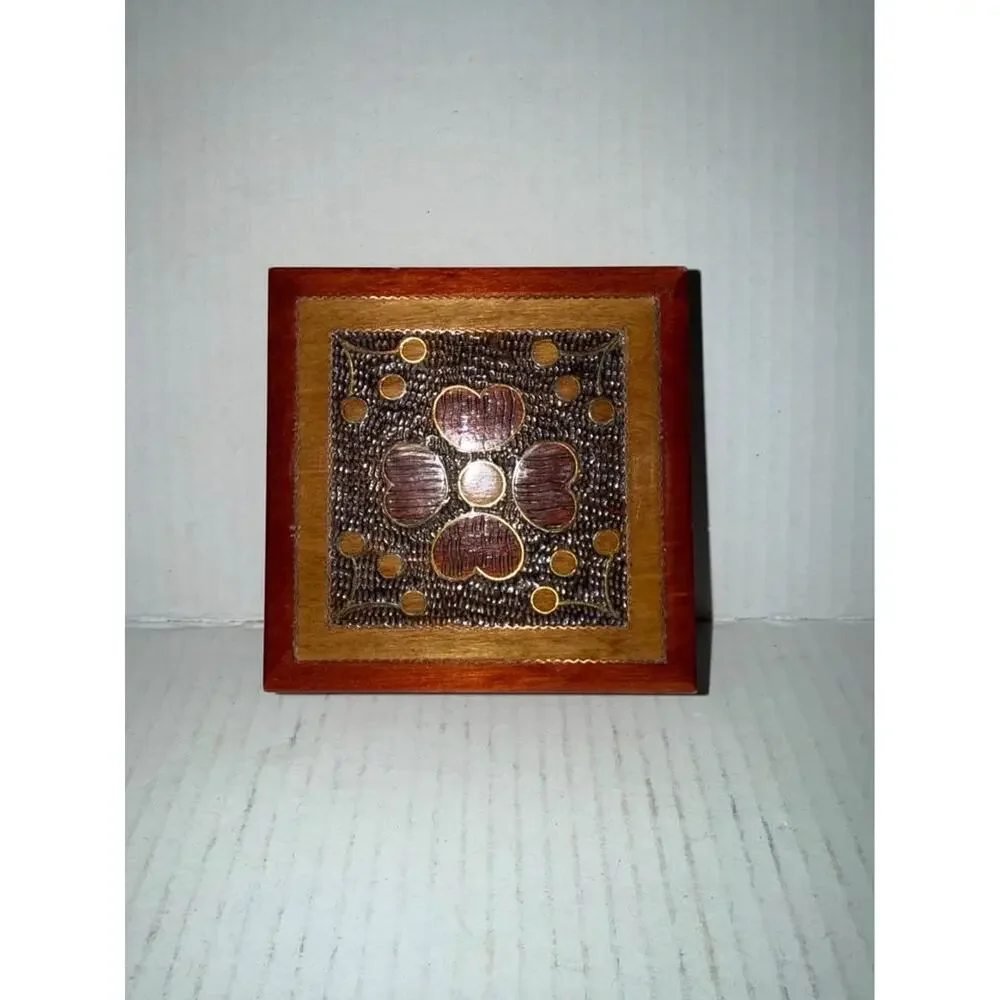 Vintage Polish Carved Wood Trinket Box Marquetry Inlay Folk Art Small Keepsake